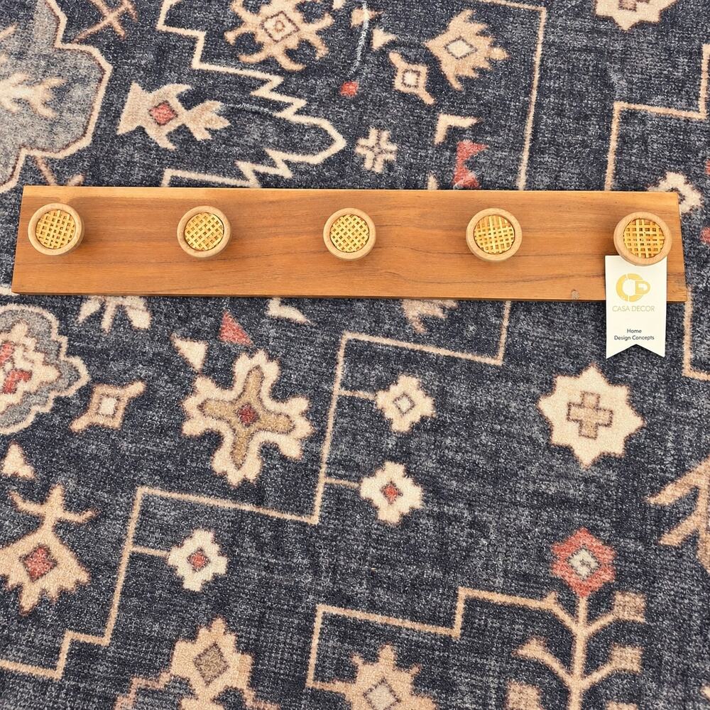 Casa Decor 24” Wood Wall Coat Rack 5 Cane Rattan Peg Hooks Boho Natural